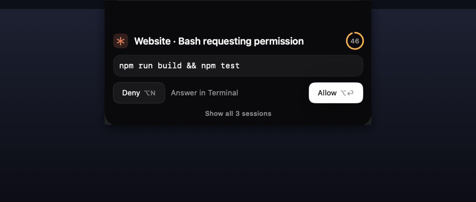 The permission card in place at the top of the screen, showing the project, the command npm run build && npm test, and Deny / Allow buttons with a countdown.